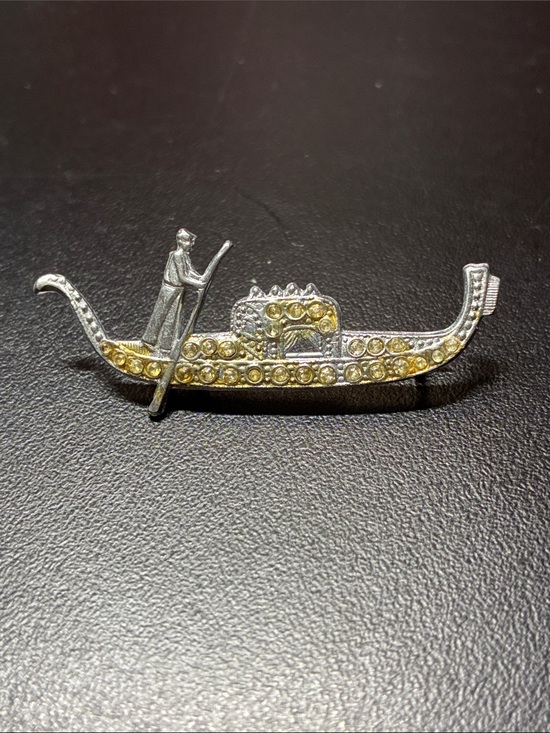 Jewelry - Vintage Gondola Pin Brooch with Yellow and Silver Rhinestones